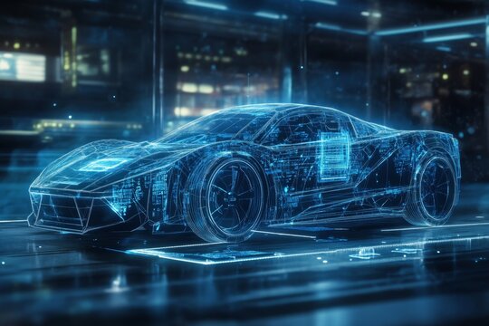 Futuristic car design displayed in digital wireframe on a modern platform, with a city background. Use Digital car design, vehicle technology, advanced technology