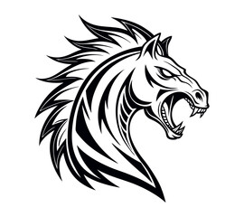 A high-contrast black and white vector illustration of a roaring horse's head,