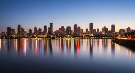 Obraz premium City Skyline Reflection on Calm Water at Dusk Evening Landscape