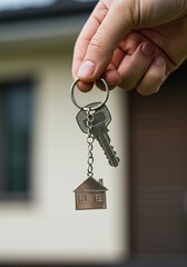 New Home Keys in Hand Close-up of Hand Holding House Keys with House Keychain, Symbolizing Real Estate and Home Ownership.


