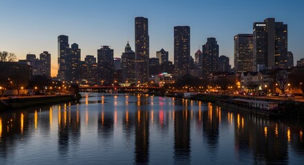 City Skyline at Dusk Reflecting in River Downtown Cityscape