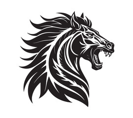 A high-contrast black and white vector illustration of a roaring horse's head,