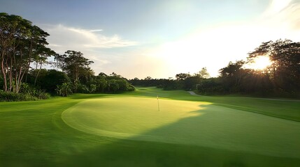 Golf Course View At Sunset With Lush Green Fairway