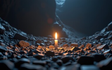 A single lit candle standing alone on the ground, casting a warm and soft glow in the darkness. This image symbolizes hope, solitude, meditation, remembrance, and spiritual connection.