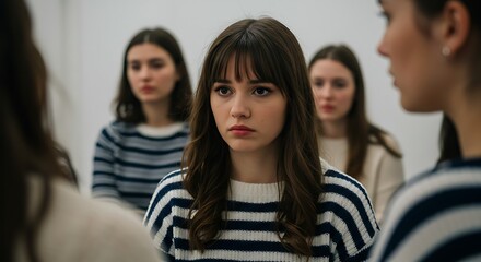 Fototapeta premium Young woman feeling uncomfortable among people indoors