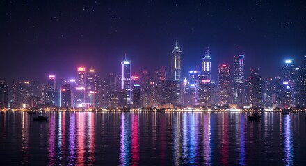 Fototapeta premium Hong Kong Cityscape at Night with Illuminated Skyscrapers and Water Reflection
