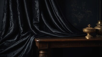 Elegant black silk drapes flow over a wooden table with ornate gold containers