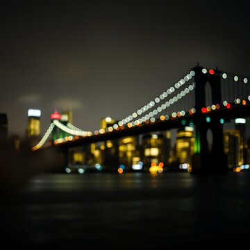 Fototapeta New york city - defocused lights of the brooklyn bridge and lower manhattan skyline Bokeh light lights background bokeh abstract light bright effect shiny