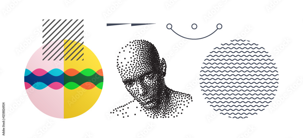 Wall mural digital human head built from dots. a circle with wavy thin lines in it. sound waves in colour insid