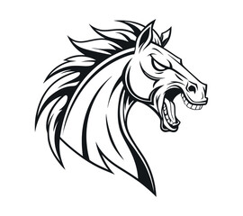 A high-contrast black and white vector illustration of a roaring horse's head,