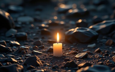 A single lit candle standing alone on the ground, casting a warm and soft glow in the darkness. This image symbolizes hope, solitude, meditation, remembrance, and spiritual connection.