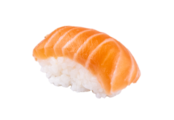 a piece of nigiri with raw salmon isolated on transparent background