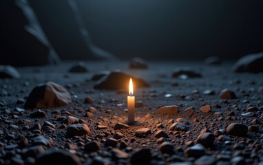 A single lit candle standing alone on the ground, casting a warm and soft glow in the darkness. This image symbolizes hope, solitude, meditation, remembrance, and spiritual connection.