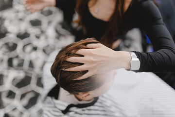 Male haircut experience in, top view modern barbershop