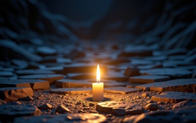 A single lit candle standing alone on the ground, casting a warm and soft glow in the darkness. This image symbolizes hope, solitude, meditation, remembrance, and spiritual connection.
