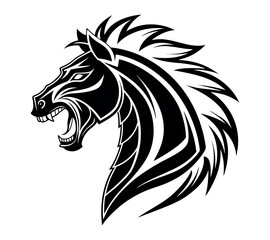 A high-contrast black and white vector illustration of a roaring horse's head,