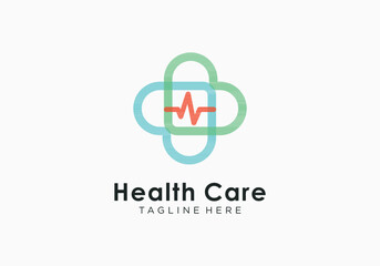 Medical logo icon design elements plus cross sign with heartbeat inside. modern healthcare logo