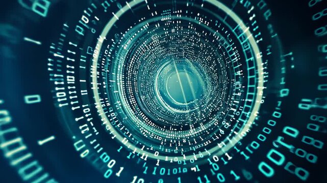 Abstract tunnel of glowing binary code, digital vortex, futuristic data stream, technology concept, cyber environment, computer graphics, 3D render, depth perception