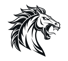 A high-contrast black and white vector illustration of a roaring horse's head,