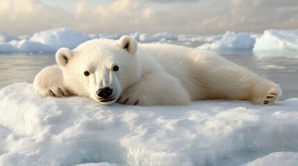 Polar bear resting on ice in the Arctic under a clear sky showcases the fragile beauty of its natural habitat