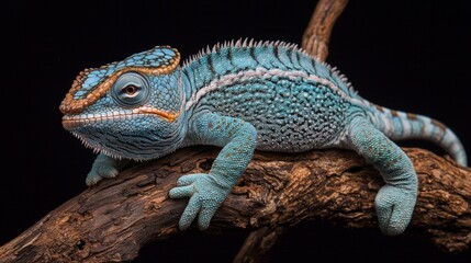 Obraz premium Colorful lizard perched on a branch in a dark setting showcasing unique scales and features during a calm moment