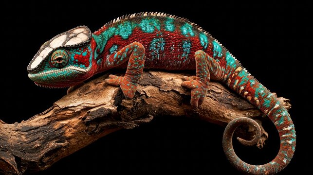 Unique gecko on a branch with vibrant colors and intricate patterns in a dark setting