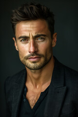 A close-up of a stylish man with a focused gaze, wearing a black shirt and jacket. His dark hair and defined features, paired with the moody lighting, evoke a sense of intensity and elegance.