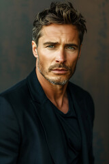 A close-up portrait of a handsome man with a confident and thoughtful expression, dressed in a black shirt and jacket. His tousled dark hair and strong facial features stand out.