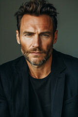 A close-up portrait of a handsome man with intense facial expression, showcasing strong features and dark hair. The subject wears a black shirt and jacket, exuding confidence and charisma.