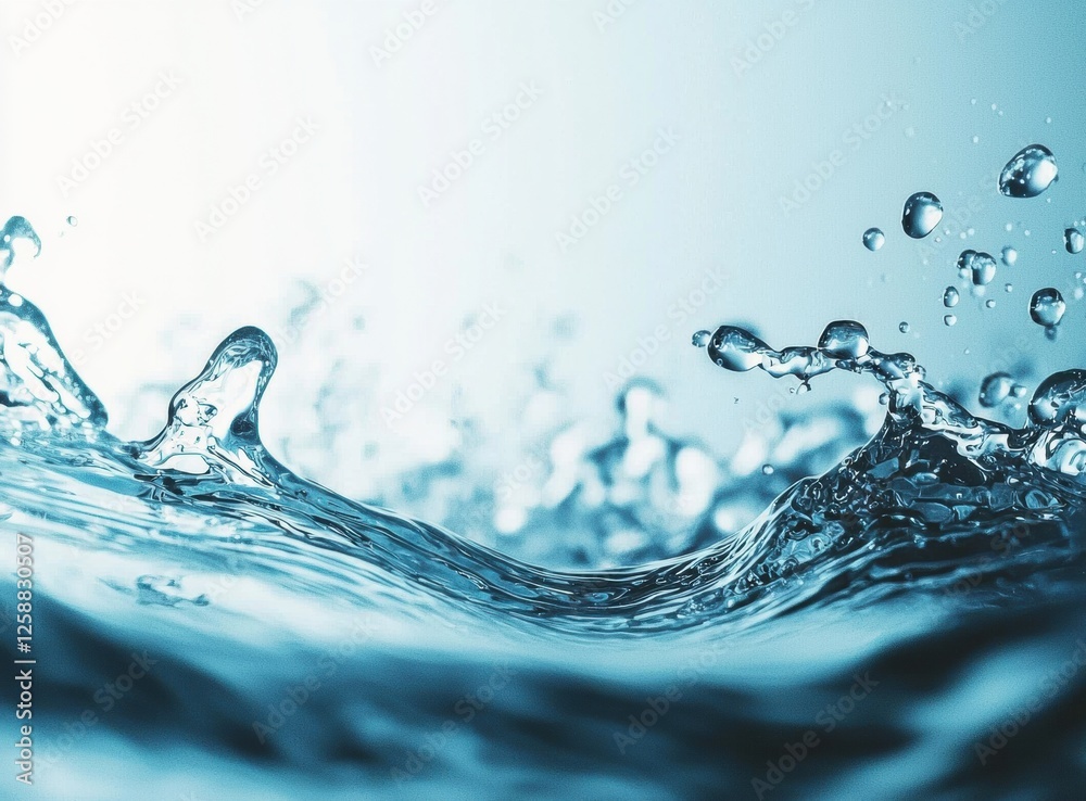 Poster light blue background showcasing a dynamic water splash with droplets suspended in the air, capturin
