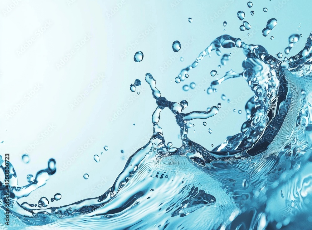 Poster Close-up of water splash with dynamic waves and bubbles on a light blue background, highlighting freshness and fluidity in macro detail