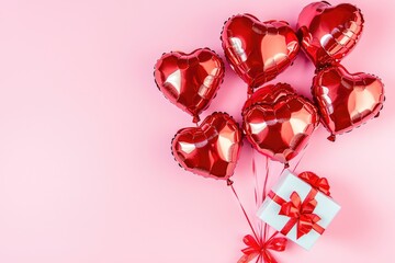 Heart-shaped red foil balloons tied to a white gift box with a red ribbon on a soft pink background, leaving space for text. Ideal for Valentine promotions, romantic gifts, and festive greeting design