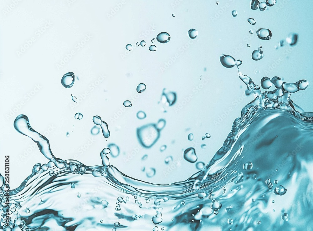 Poster Dynamic water splash creating wave patterns with floating droplets and bubbles against a light turquoise background