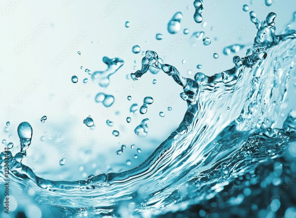 Poster dynamic water splash captured in high resolution, showcasing fluid motion and light blue tones, perf