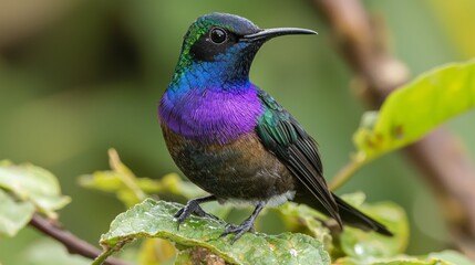 Obraz premium Colorful hummingbird perched on green leaves in a lush tropical environment during daylight hours