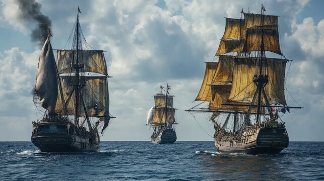Three historic sailing ships at sea under a cloudy sky.