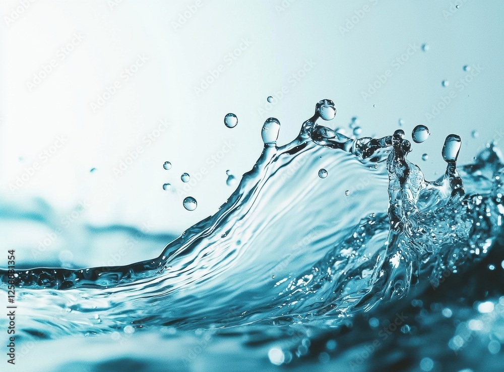 Poster close up of clear water splashing with droplets suspended in mid-air, showcasing dynamic movement an