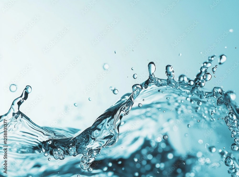 Poster light blue water splash with bubbles and droplets captured, showcasing clear details and dynamic mov