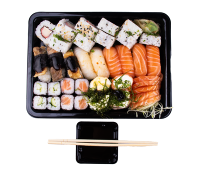 full sushi tray delivery japanese food close up portrait with soy sauce and chopsticks transparent background top view