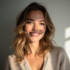 Fototapeta premium Beautiful smiling woman with long hair posing in sunlight studio setting