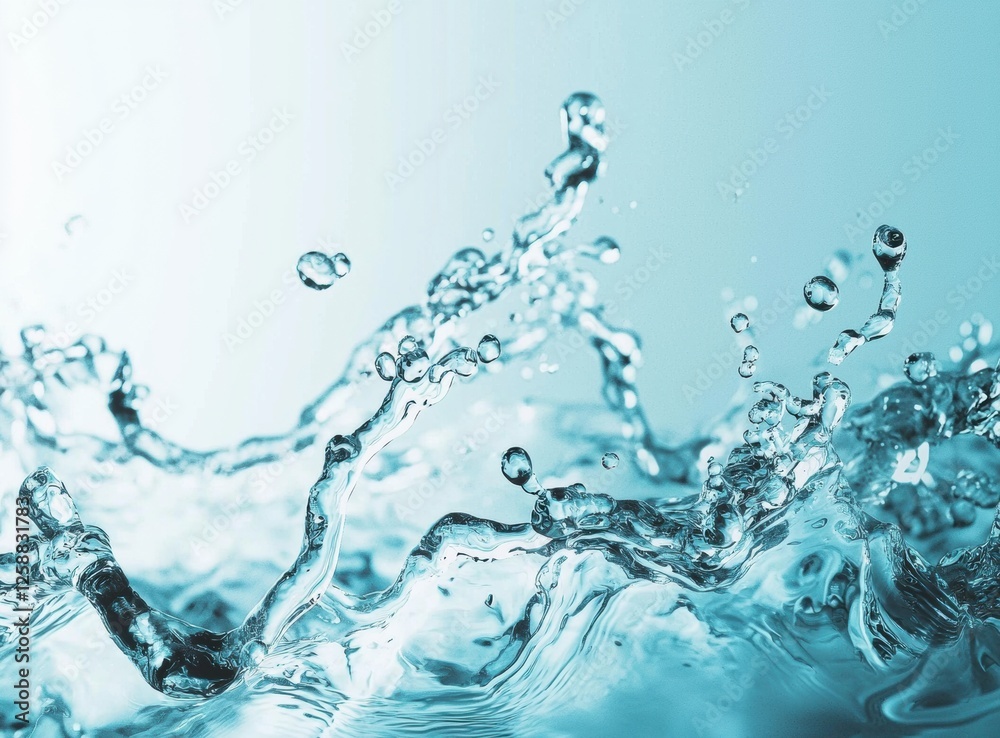 Poster close up of water splashes captured in sharp focus against a light blue backdrop, showcasing intrica