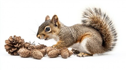 Obraz premium Squirrel playing with pine cones in a natural setting during daylight hours