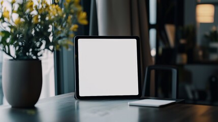 Fototapeta premium Sleek workspace illuminated by a warm lamp showcasing a blank tablet and nearby notebook in a cozy environment during nighttime