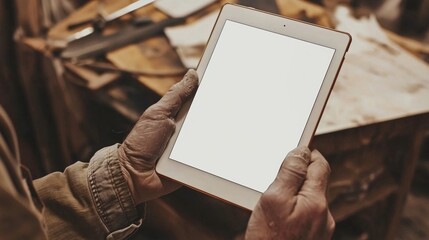 Craftsman using a tablet in a workshop filled with tools and wood in a rustic setting during daylight hours