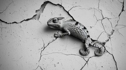 Chameleon blending against cracked wall captures unique adaptation in urban settings