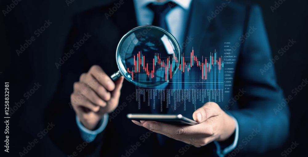 Aufkleber business professional using a magnifying glass to examine financial data and stock market graphs, hi