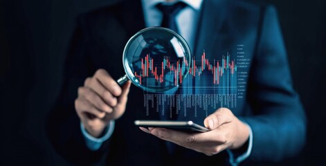 Business professional using a magnifying glass to examine financial data and stock market graphs, highlighting business analysis and research concepts