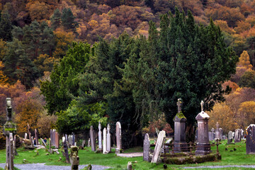 Naklejka premium Medieval cemetery of the Glendalough monastery in the Wicklow mountains in Ireland