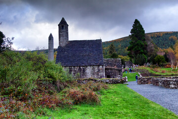 Medieval church of the Glendalough monastery in the Wicklow mountains in Ireland