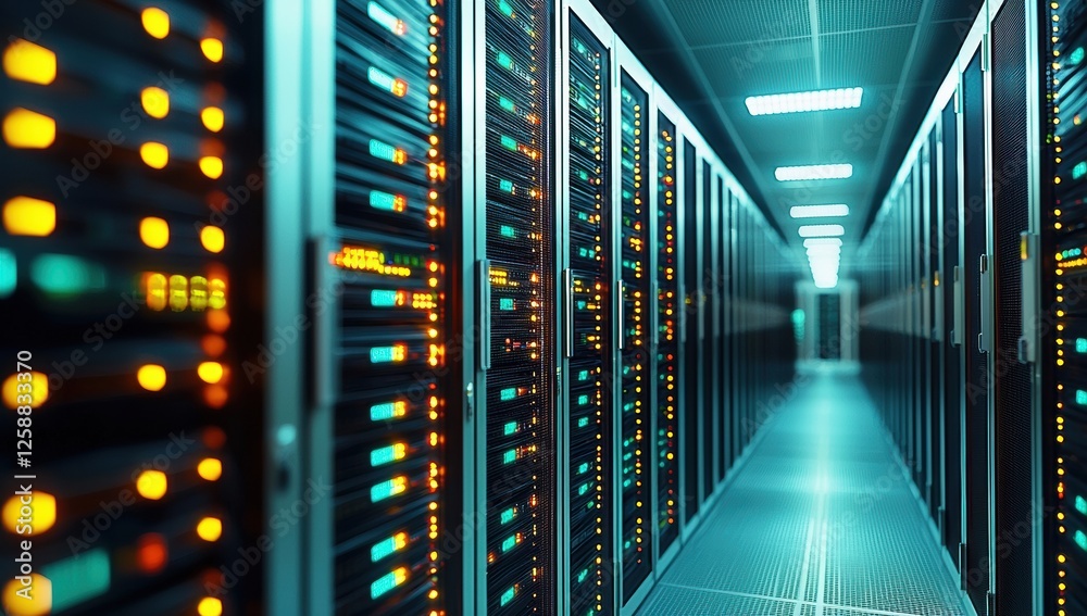 Aufkleber brightly lit server room showcasing rows of large hard drives and high tech cabinets, emphasizing mo